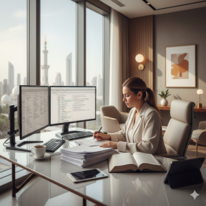 Legal translation expert working on certified documents in Abu Dhabi